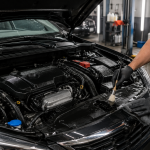 Professional car detailing technician cleaning a modern vehicle engine bay inside a detailing garage