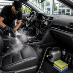 Professional technician performing car odor elimination and deep interior detailing inside a modern vehicle.
