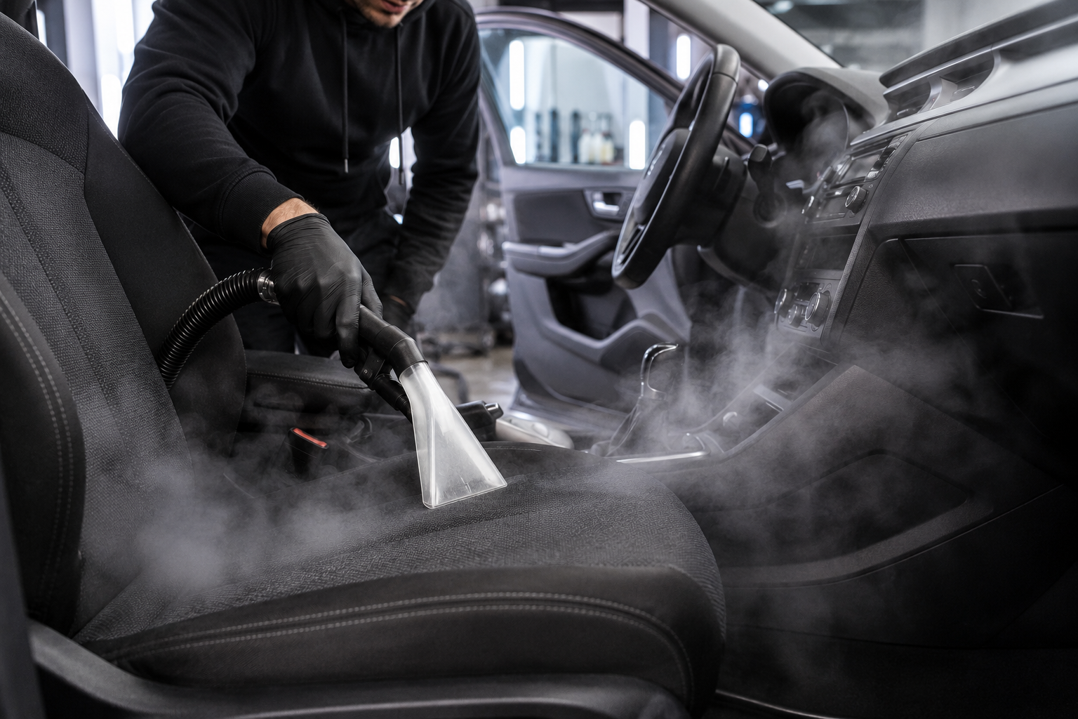 Professional car detailing technician deep cleaning vehicle seats and interior to remove smoke and musty odors