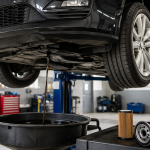 Modern vehicle receiving a professional oil change service inside a clean automotive service center.