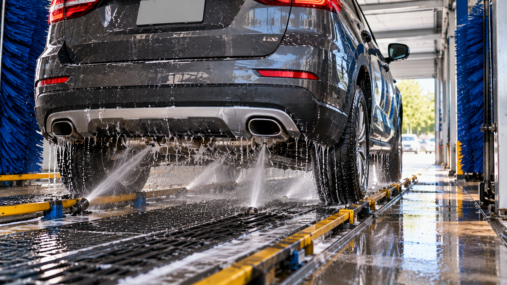 Underbody car wash cleaning salt and road grime beneath a vehicle